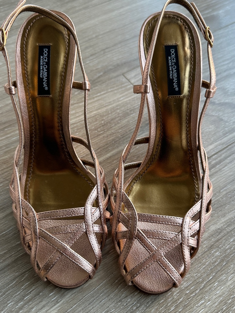 Dolce & Gabbana Metallic Rose Gold Strappy High-Heel Sandals